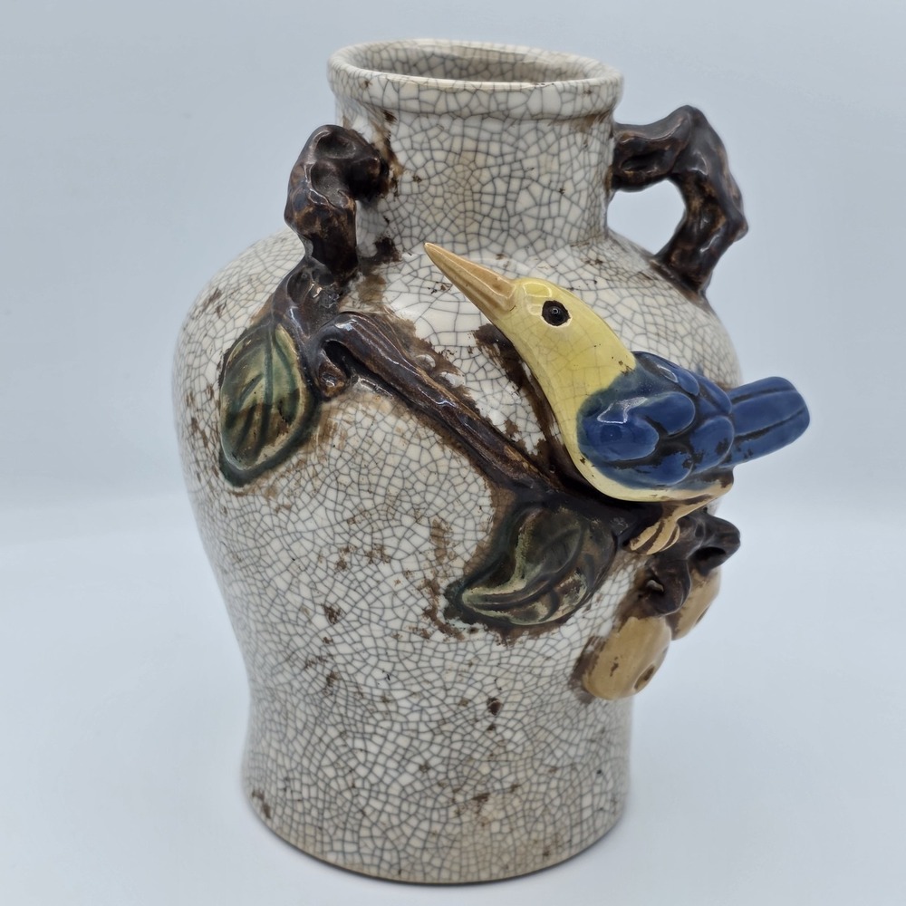 Antique French Barbotine Craquelure Ceramic Vase Bird Olive Branch 19th-20th C